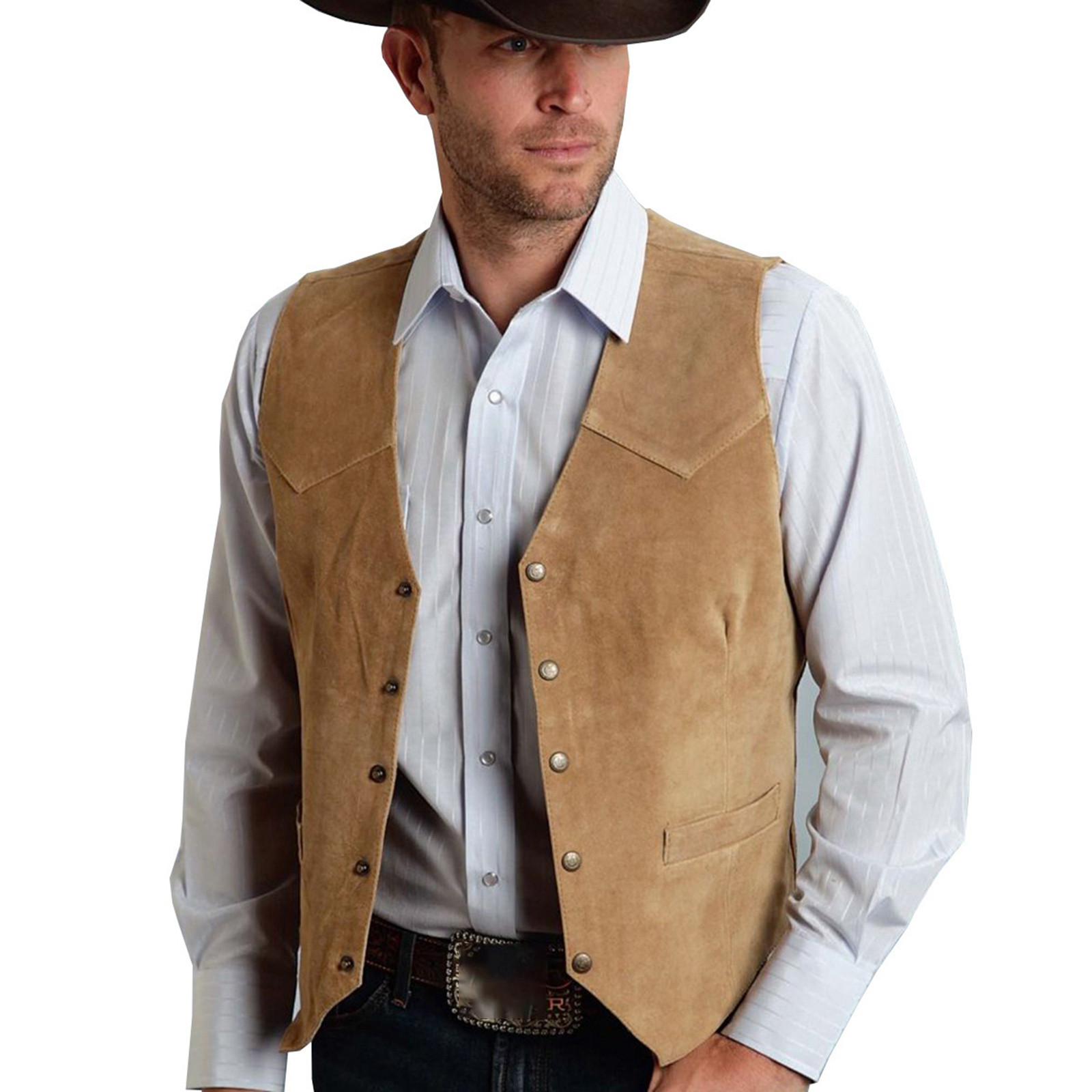 thumbnail image 3 of Chaleco de cuero retro con cuello en V para hombre - Diseño con bolsillos con botones, material de poliéster, para fiestas/informal - Tallas S-XXXL, 3 of 5